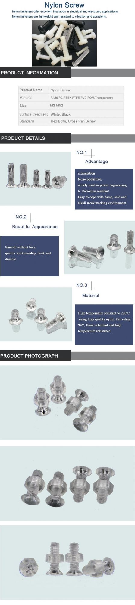 PA66 Peek POM PC PVC Plastic Screw Countersunk Cross Nylon Screw with Transparent High Temperature Resistance