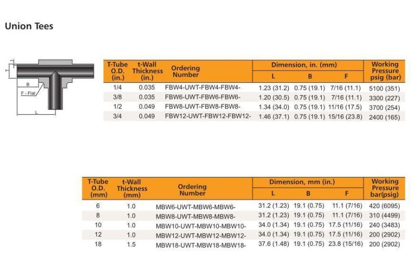 Hikelok Ultrahigh Purity Stainless Steel Long Arm Butt Weld Fittings Union Tees