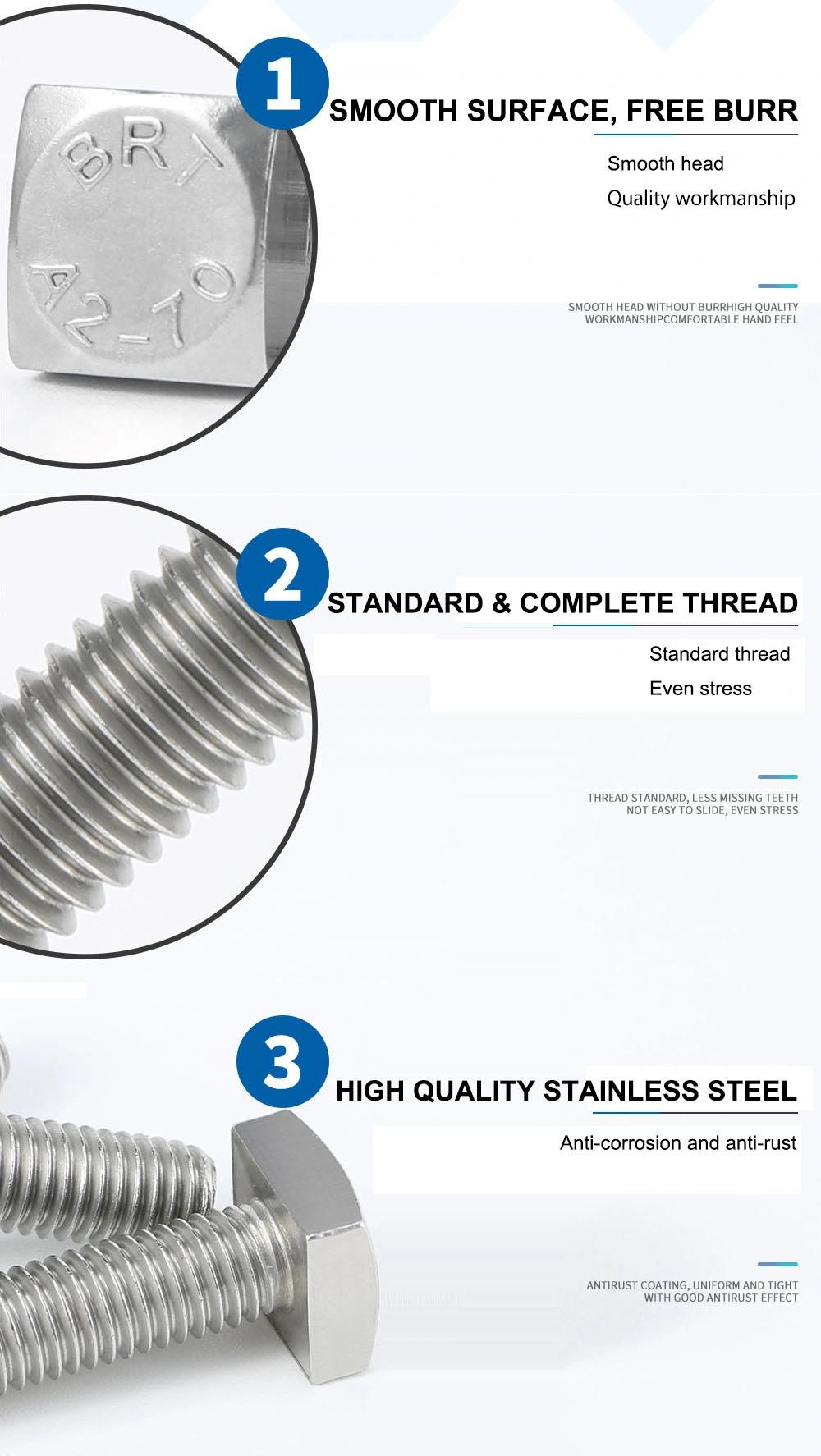 Square Head Bolt Stainless Steel 304 M8 M6 Square Bolt A2-70 Square Screw ASME/ANSI B18 T Bolt GOST Standard T Head Bolt with Nut and Washers