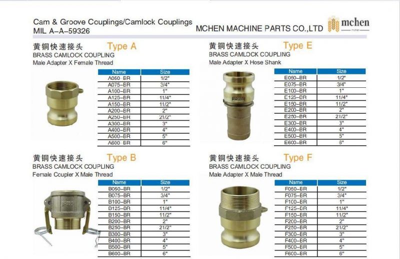 Type D Series A050-Br Brass Camlock Coupling with Male Adapter X Female Thread