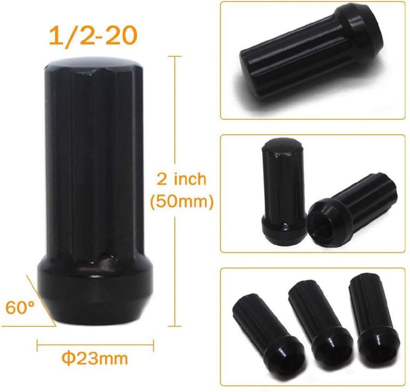 Black 1/2-20 Bulge Acorn 3/4" 19mm Hex 2" Tall Lug Nuts