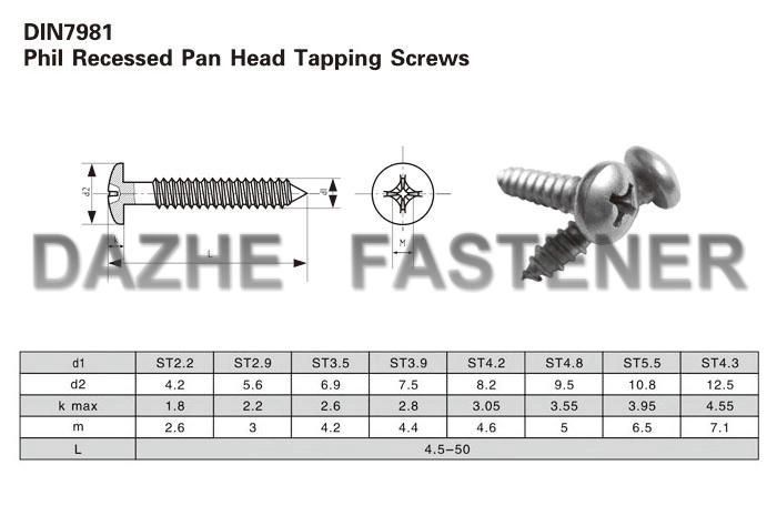 Stainless Steel Screw DIN7981 Cross Recessed Pan Head Self Tapping Screws