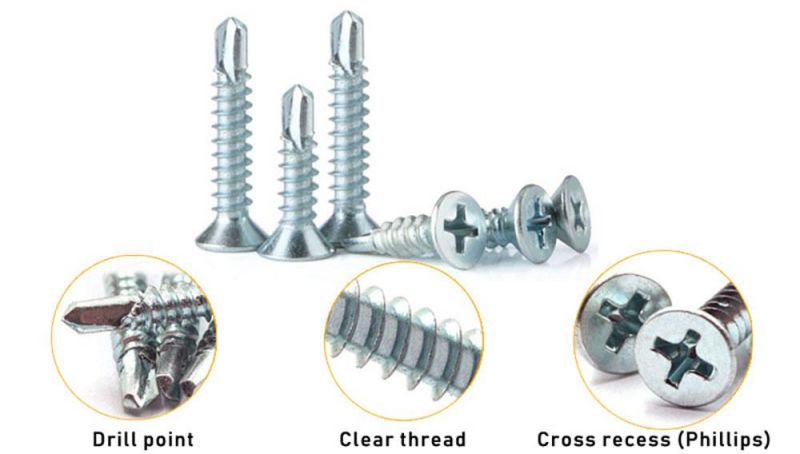 Countersunk Head with Nibs Phillips Bright Zinc Self Drilling Screw for Metal