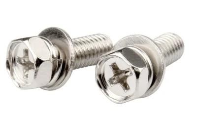 Iron Nickel Plated Cross Recessed External Hexagon Three Combination Screw with Flat Washer Spring Washer Recess Combination Bolt M3m4