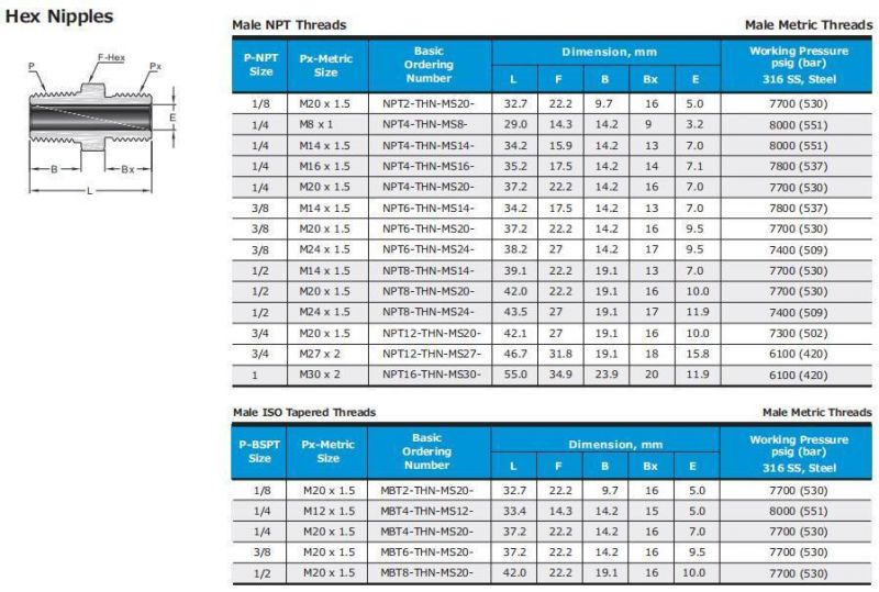 Hikelok Stainless Steel Brass NPT BSPP Instumentation Pipe Fitting Hex Nipple