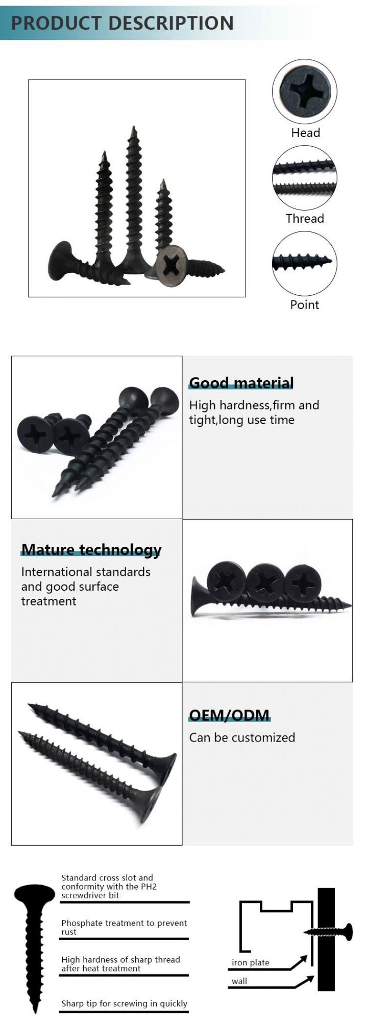 Drywall Screw, Tapping Screw, Black Screw, Fine Threaded, Coarse Threaded, Phillips Screw Small Box CTN Bag Pallets