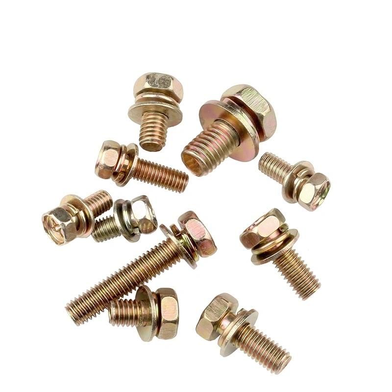 China Factory Customized Cross Groove Zp Hexagon Head Machine Screw Washer Yellow Zinc Plating Screws