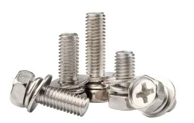 Iron Nickel Plated Cross Recessed External Hexagon Three Combination Screw with Flat Cushion and Elastic Cushion Recess Combination Bolt
