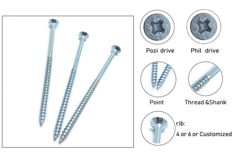 Carbon Steel Double Countersunk Head Yellow/Bule Zinc Plating Cross Drive Pz Chipboard Screws