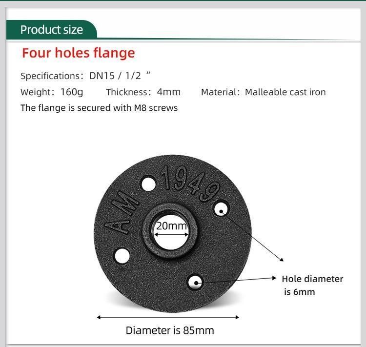 Malleable Cast Iron Black Floor Flange 3 Hole Flange DN15 1/2" BSPT Thread for Industrial Wall Pipe Lamp