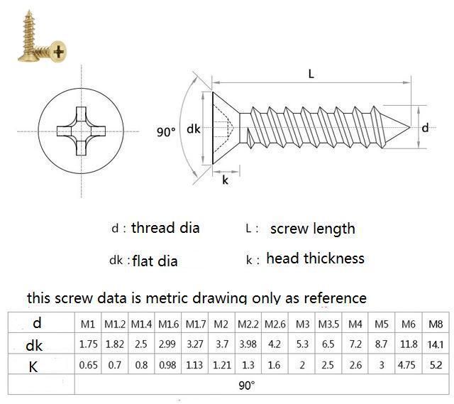 Hot Sales Brass Phillips Cross Recessed Countersunk Head Self Tapping Screws DIN7982