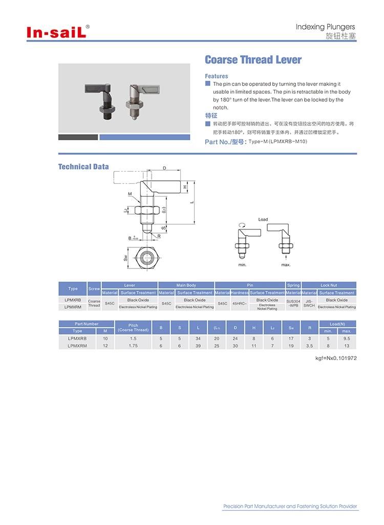 Indexing Plungers- Coarse Thread Lever -Type: Pmxrb