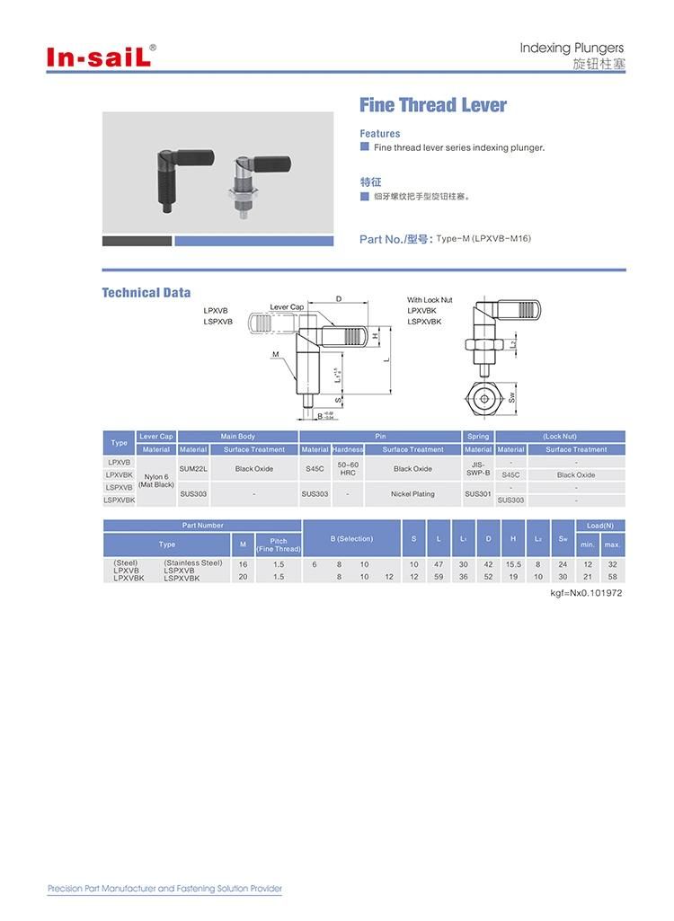 Indexing Plungers- Fine Thread Lever Type Nuts Pxvb
