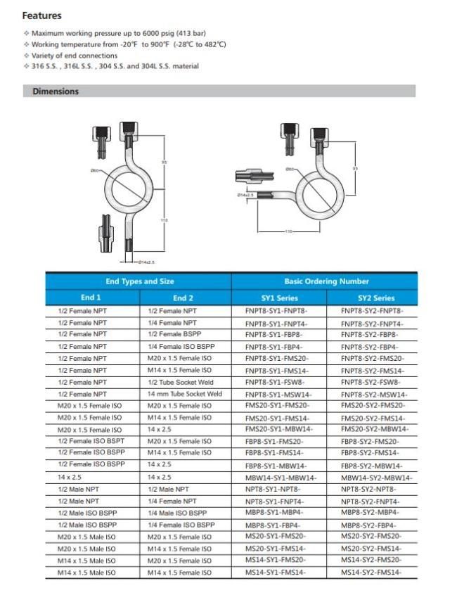 Hikelok 316 304 6000 Psi High Pressure Syphon Sy1 Sy2
