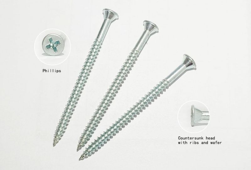 JIS Blue Zinc Plated Countersunk Head with Ribs Wafer Partial Thread Cross Recess Self Tapping Particleboard Screws