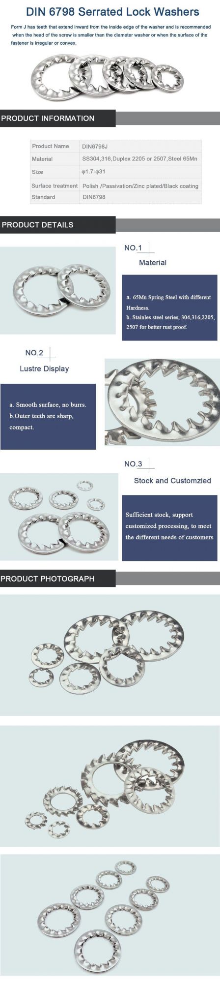 304 316 Stainless Steel DIN6798j Serrated Lock Washers with Internal Teeth