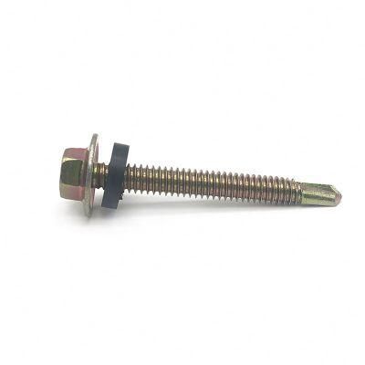 Hex Washer Self-Drilling Screw with Steel and Rubber Washer Yellow Zinc Plated Screws