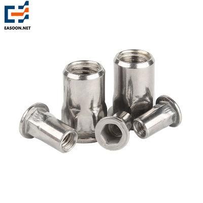Aluminum Flanged Rivet Nut with Knurled Flat Head Semi Hex Body Open End Blind Rivet Hollow Nuts Hex Hexagon Body Rivet Nut