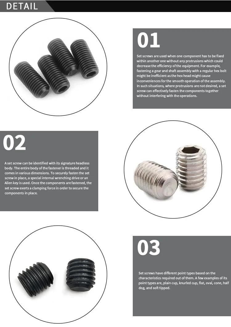 China Wholesale Headless Hexagon Allen Screw Flat Point OEM Carbon Steel Brass Stainless Steel DIN913 M2 M3 M6 Hex Socket Head Grub Set Screw