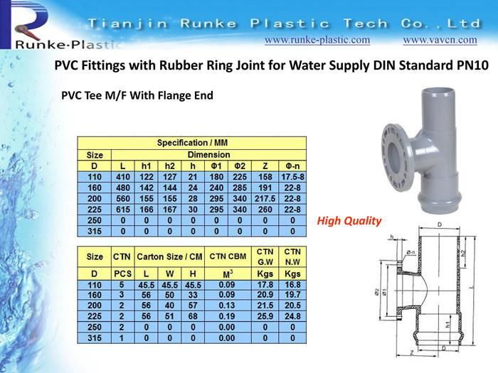 High Quality Plastic Pipe Fitting PVC Water Pipe and Fittings Rubber Ring Joint UPVC Pressure Pipe Fitting for Water Supply DIN Standard Pn10