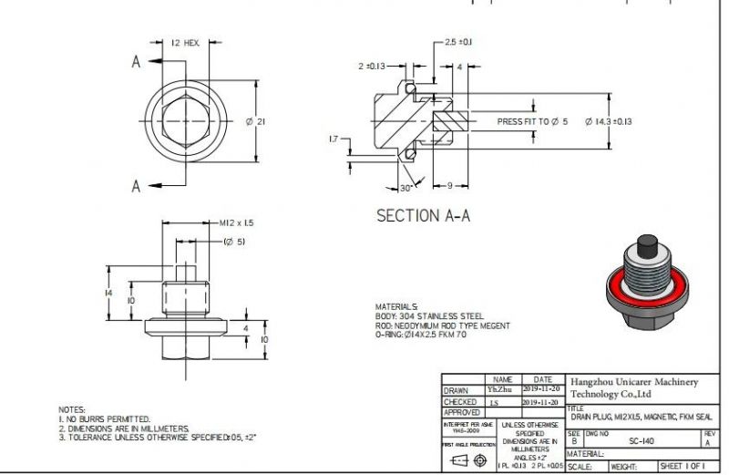 Bolt Stainless Steel 304 M12 Magnetic Plug Drain Pipe