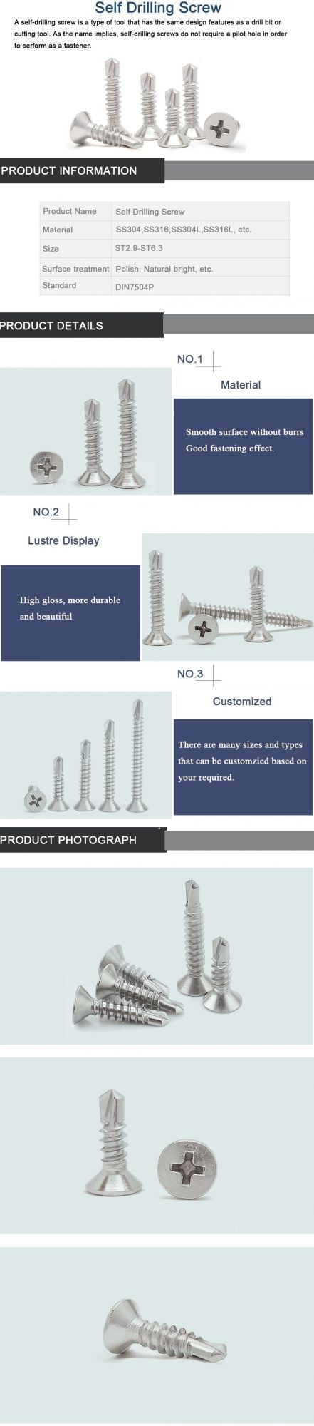 304 316 Stainless Steel Self Tapping Screw DIN7504p Cross Recessed Countersunk Head Drilling Screws