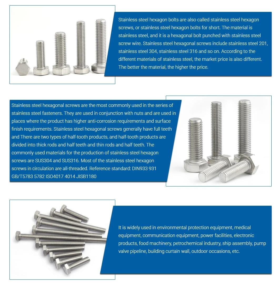 316 Stainless Steel Bolt with Nut and Washer Full Thread Screw Bolt/Ss304hex Bolt