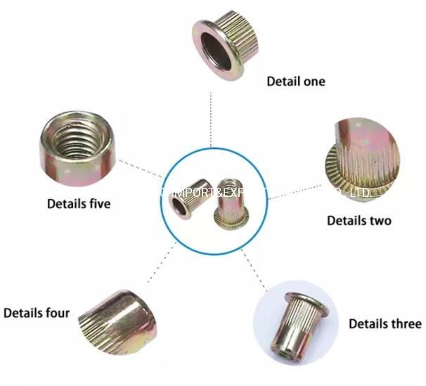 M8 Steel Flat Head Round Body Through Hole Rivet Nut with Knurling