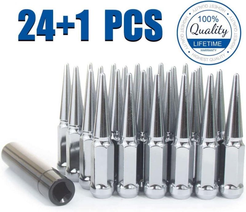 14X1.5 Chrome Spike Lug Nuts with 4.4" Tall 3/4′ ′ Hex and Set of 24+1 Key