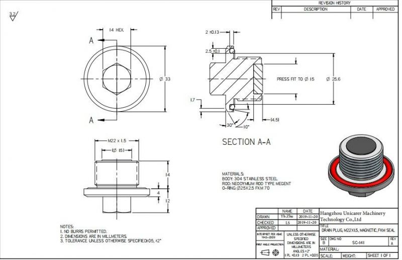 China Factory M22 Stainless Steel Magnetic Oil Fill Plug Sc-141 Cold Rolling Process