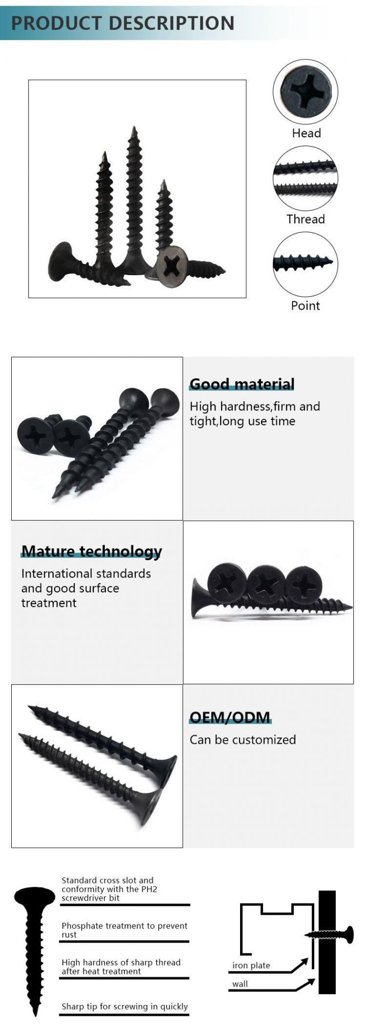 Drywall Screw, Tapping Screw, Black Screw, Fine Threaded, Coarse Threaded, Phillips Screw Small Box CTN