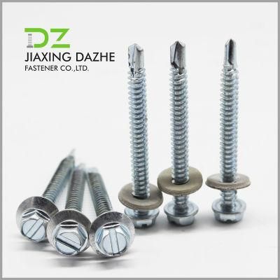 China Fastener Supplier Slotted Hex Head Screw Self Drilling Screw Zinc Plated with EPDM Washer