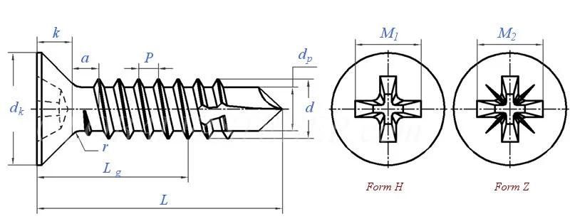 304 316 Stainless Steel Self Tapping Screw DIN7504p Cross Recessed Countersunk Head Drilling Screws