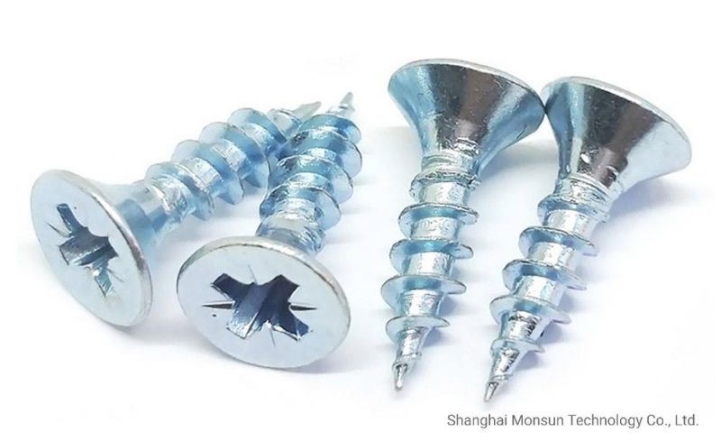 DIN7505A Metric Coarse Pozi Countersunk Head Steel Chipboard Screw/Cross Recess Pz Full Thread Blue Zinc Plated Hinge Tape Screw