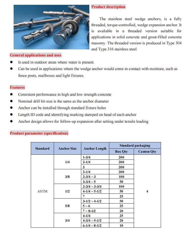 China Factory Bolt Stainless Steel Wedge Expansion Wedge Anchor