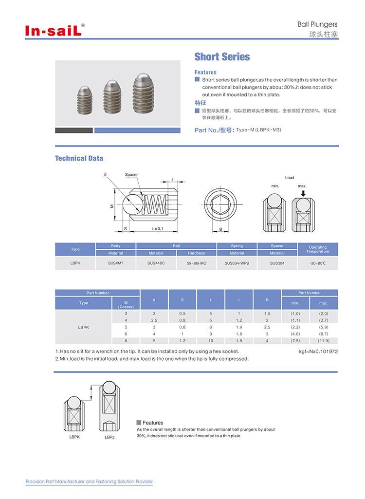 Short Series Ball Plunger for Thin Plate /Type Bpk