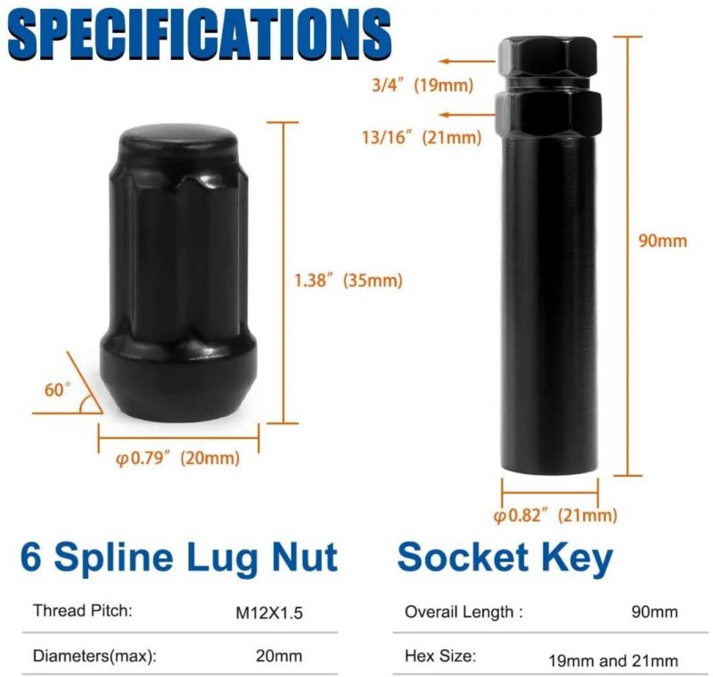Black Acorn Spline 1.38" Tall 3/4" M12X1.5 Lug Nuts with 20+1