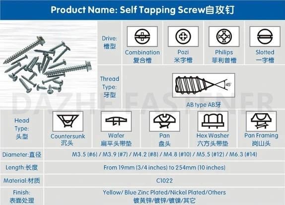 Cross Hex Washer Head Machine Screws Self Tapping Screw