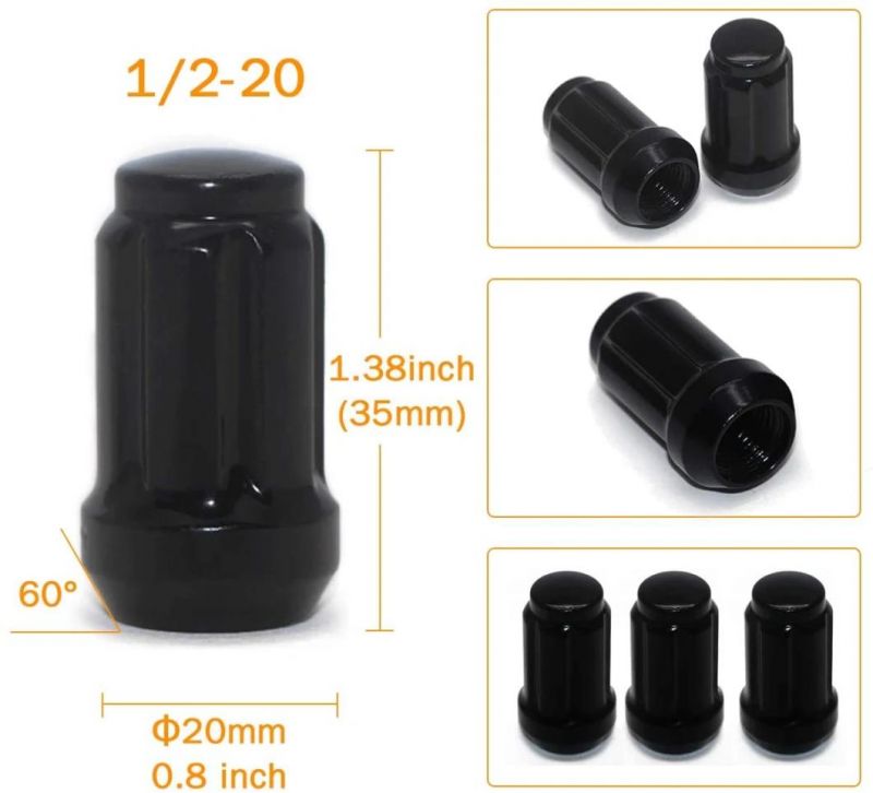Black 1/2-20 Bulge Acorn 3/4" 19mm Hex 1.38" Tall Lug Nuts