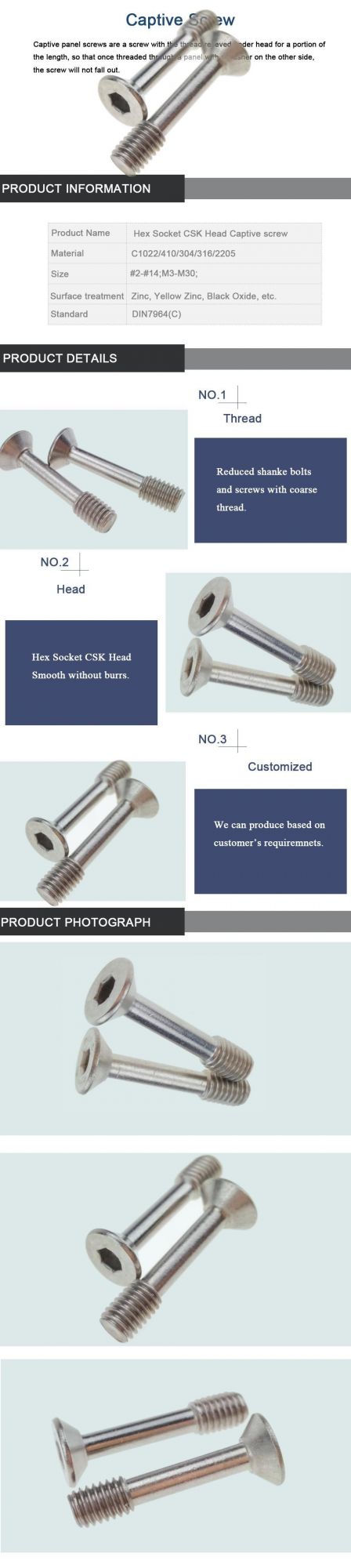 Hardware Carbon Steel 8.8 Zinc Plated Hex Socket Screw Countersunk Captive Screw