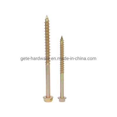 Hex Flange Head Wood Screw with Slot, Yellow Zinc Plated