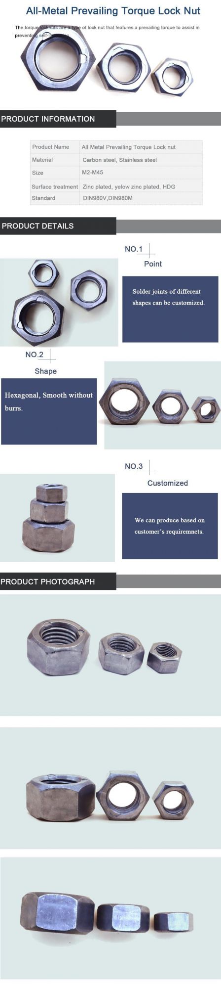 All-Metal Prevailing Torque Type Hexagon Nuts Single Piece Metal Nut for Locking