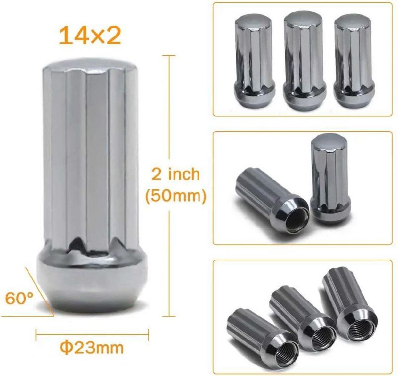 Chrome Acorn Spline 2" Tall 3/4" M14X2 Lug Nuts with 24PCS
