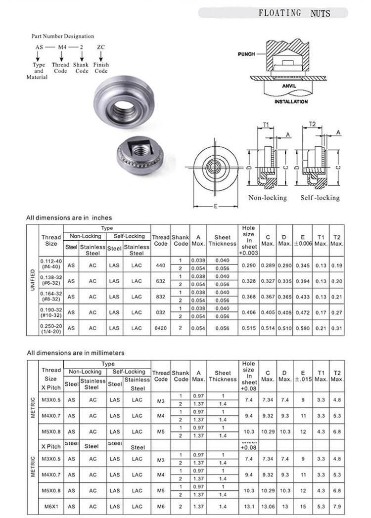 Stainless Steel M3 Lac Floating Self Clinching Fasteners Locking Nuts