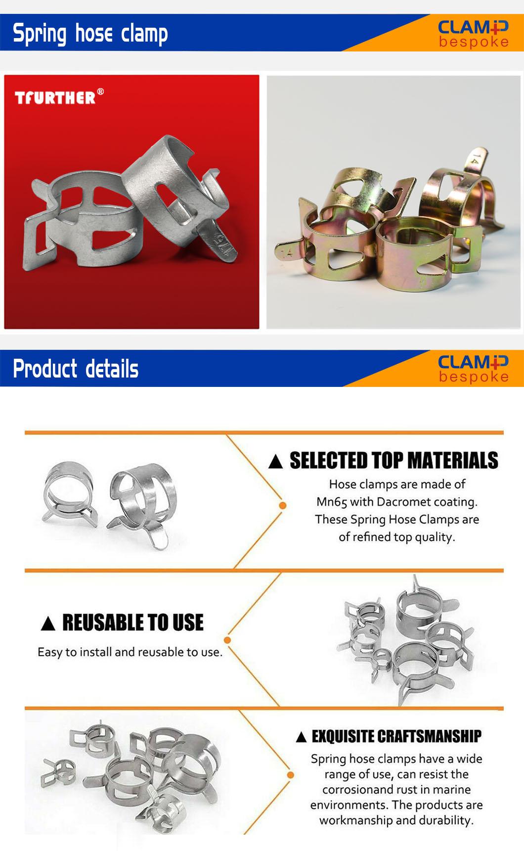 Auto Spare Parts Adjustable 65 Manganese Steel 6mm 8mm 10mm 15mm Black Electrophoresis Dacromet Nickel Plated Spring Hose Clamp