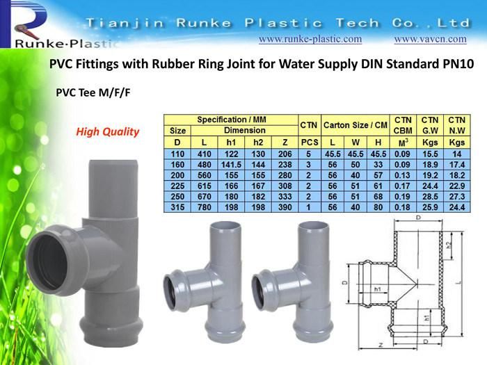 High Quality Plastic Pipe Fitting PVC Water Pipe and Fittings Rubber Ring Joint UPVC Pressure Pipe Fitting for Water Supply DIN Standard Pn10