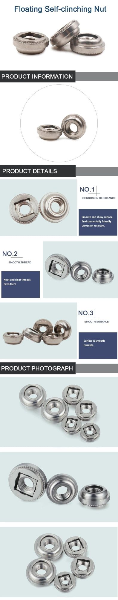 Stainless Steel M3 M4 M5 M6 AC Floating Self Clinching Locking Nut Fasteners