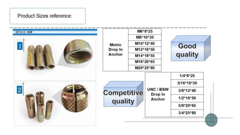 M12 Concrete Drop in Anchor Without Knurling Made in China