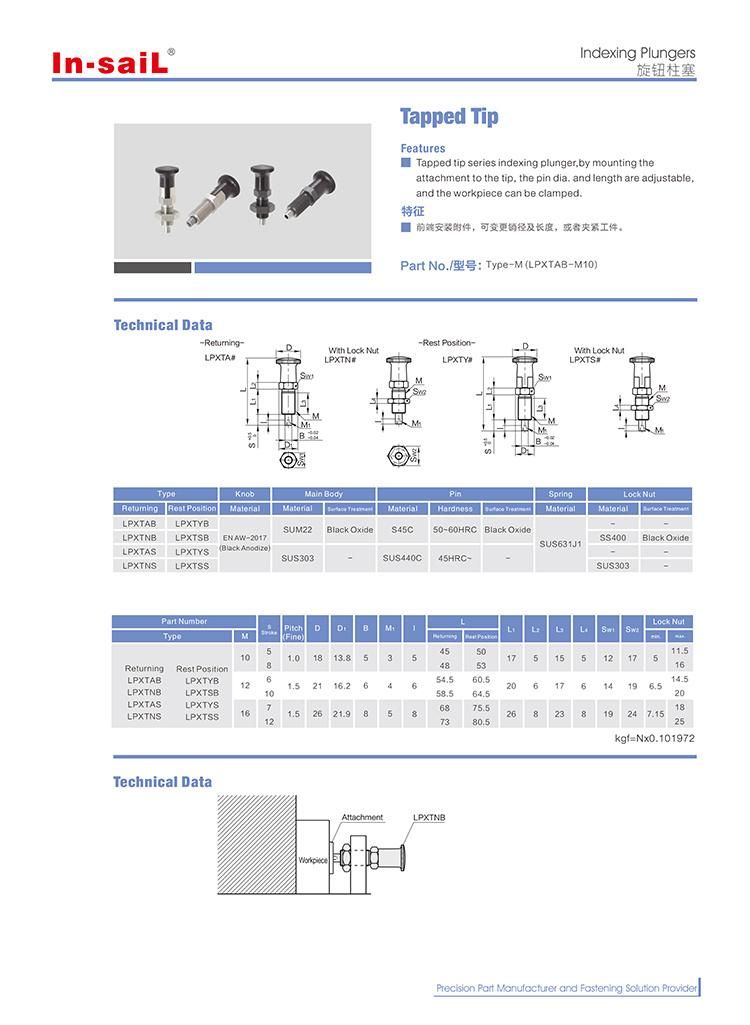 Tapped Tip Series Indexing Plunger Type: Pxtab