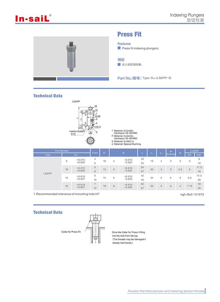 Press Fit Indexing Plungers Type: Sxpp